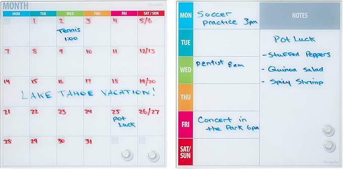 ECR4Kids MessageStor Magnetic Dry-Erase Glass Board with Magnets, 17.5in x 17.5in, Wall-Mounted Whiteboard, Assorted Calendar, 2-Pack