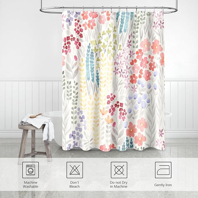 Cute Spring Summer Floral Shower Curtain, Colorful Flower Fabric Shower Curtains, Boho Funky Watercolor Wildflower Trendy Shower Curtain Set, Cottagecore Bohemian Bathroom Decor, 72x72
