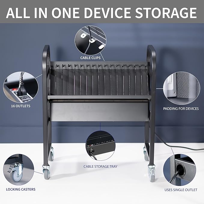 VIVO 16-Bay Laptop and Tablet Open Charging Station Designed for Chromebooks and More, Mobile Storage Cart, Devices up to 24 inches, Black, CART-LAPC3