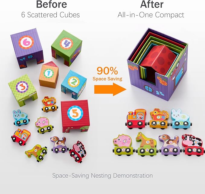 Atoylink Stacking Blocks Nesting Toys with Magnetic Animal Train, 6 Farm Cubes Number Learning Set for Toddlers 18M-6Y, Montessori Educational Counting Toy for Boys Girls, Safe Non-Toxic Kids Gift