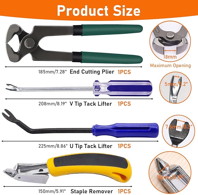 4Pcs Upholstery and Construction Staple Remover Tools Set - Nail Tack Remover, U Tack Lifter, End Cutting Plier, Carpet Remover Tool for Furniture Floor Craft Project Photo Frame