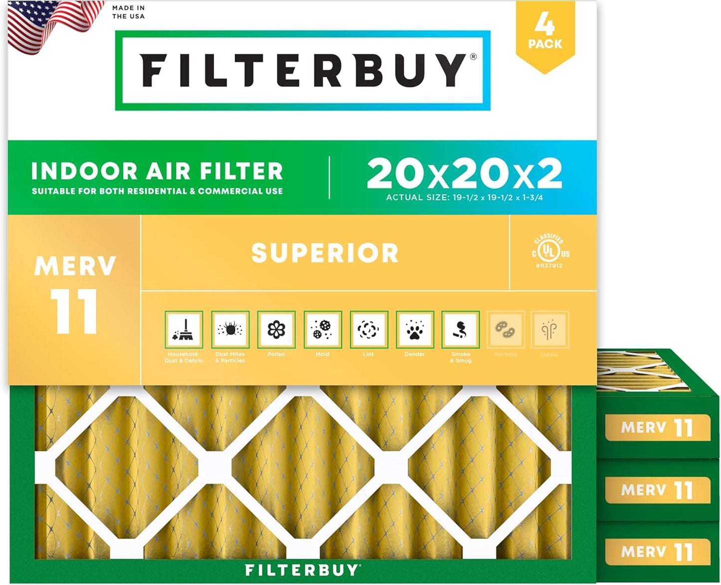Filterbuy 20x20x2 Air Filter MERV 11 (MPR 1200) Allergen Defense Replacement (4-Pack), Electrostatic Pleated HVAC AC Furnace Filters, Made in USA (Actual Size: 19.50 x 19.50 x 1.75)