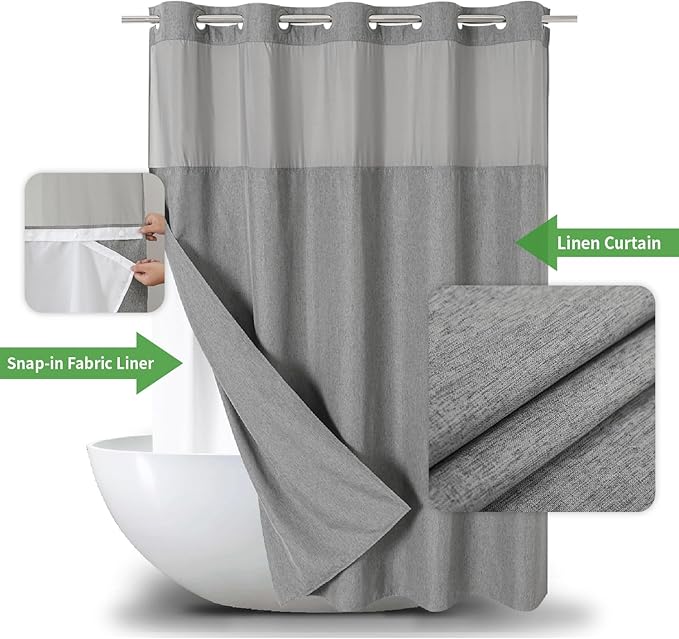 No Hooks Needed Linen Textured Shower Curtain with Snap-in Fabric Liner Set,Grey Hotel Luxury Decor Shower Curtains for Bathroom,Waterproof & Washable,71Wx77H