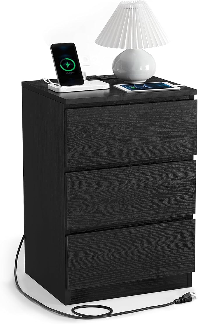 VASAGLE Nightstand with Charging Station, 2 AC Outlets and 2 USB Ports, Bedside Table, Side Table with 3 Drawers, Modern Style, 13.8 x 15.7 x 23.2 Inches, Ebony Black ULET631B58