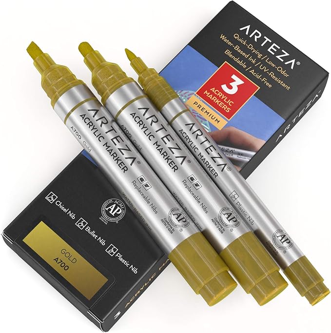 ARTEZA Acrylic Paint Markers, Pack of 3, A700 Gold, 1 Thin and 2 Thick, Chisel + Bullet Nib, Paint Pens for Canvas, Rock, Glass, Wood