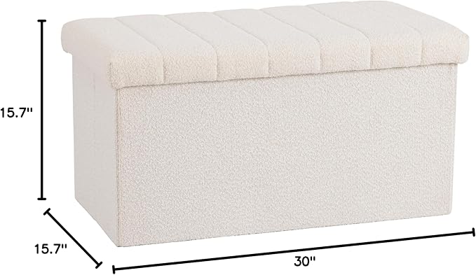 Seville Classics Cushioned Fabric Ottoman Hidden Storage Chest Footrest Chair, Padded Seat for Bedroom, Dorm, Loft, Living Room, Entryway, Hallway, White Boucle, 30" Bench