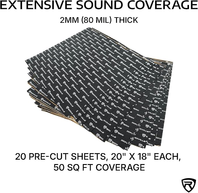 Rockville ROCKMAT 50-20 80 mil Butyl Aluminum Foil Sound Deadening Mat, 50 Sq Ft Peel and Stick Automotive Soundproofing for Doors Floors Trunk, Cars Vans RVs, Full Sedan Builds