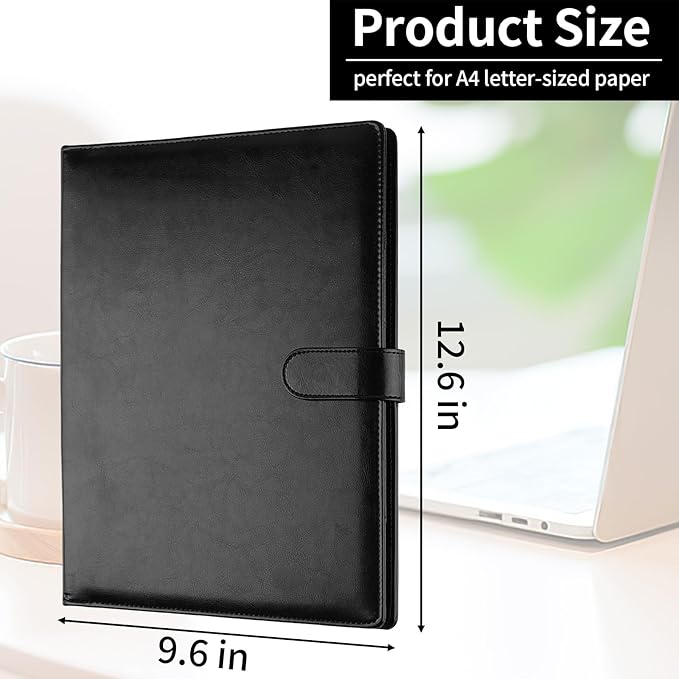 Professional Padfolio with Clipboard, Faux Leather Portfolio Folder Binder, Legal Pad Holder for A4 Letter Size Notepad, Resume, Writing Pad, Ideal Organizer for Business Office Conference, Black