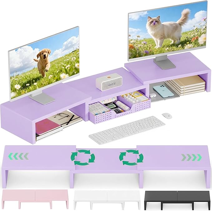 OPNICE Dual Computer Monitor Stand Riser with Drawer, Workspace Desk Organizer, Office Supplies Desk Accessories for Women, Purple