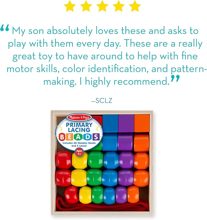 Melissa & Doug Primary Lacing Beads – 30 Wooden Beads for Crafts & 2 Laces in Toy Storage Box, Small Beads for Kids Arts and Crafts Kits, Preschool Learning Toys for Girls & Boys Ages 3+
