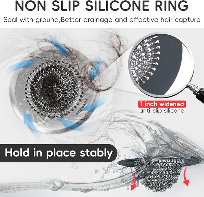 Bathtub Drain Hair Catcher, Wokdada Fast Drainage Shower Drain Hair Catcher, Reversible 304 Stainless Steel Drain Protector with Silicone Stopper for Bathroom
