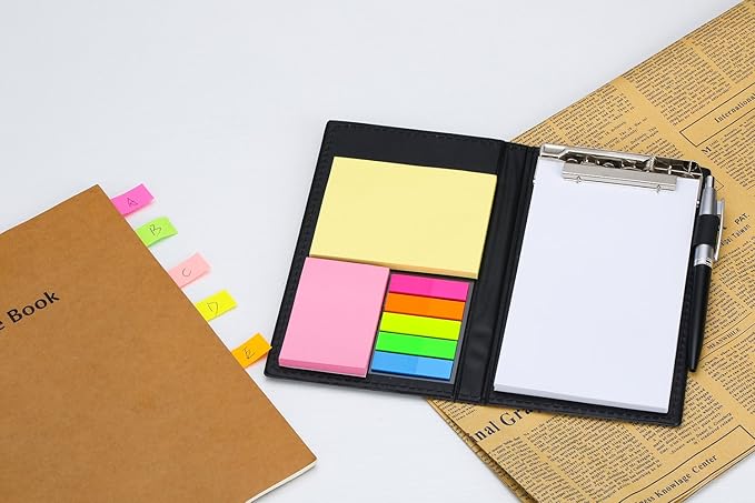 Sticky Notes Notebooks Colored Page Markers Bundle Set, Rectangular Notes and Index Tabs Flags Organizer, W/Fashion Ballpoint Pen, Leather Look Design Holder,Office and Teacher Gift.YISEEK