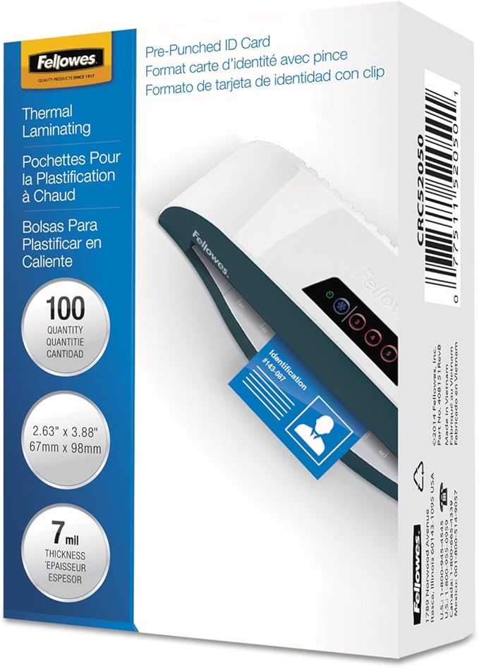 Fellowes 52050, Glossy Pouches - ID Tag Punched, 7 mil, 100 Pack