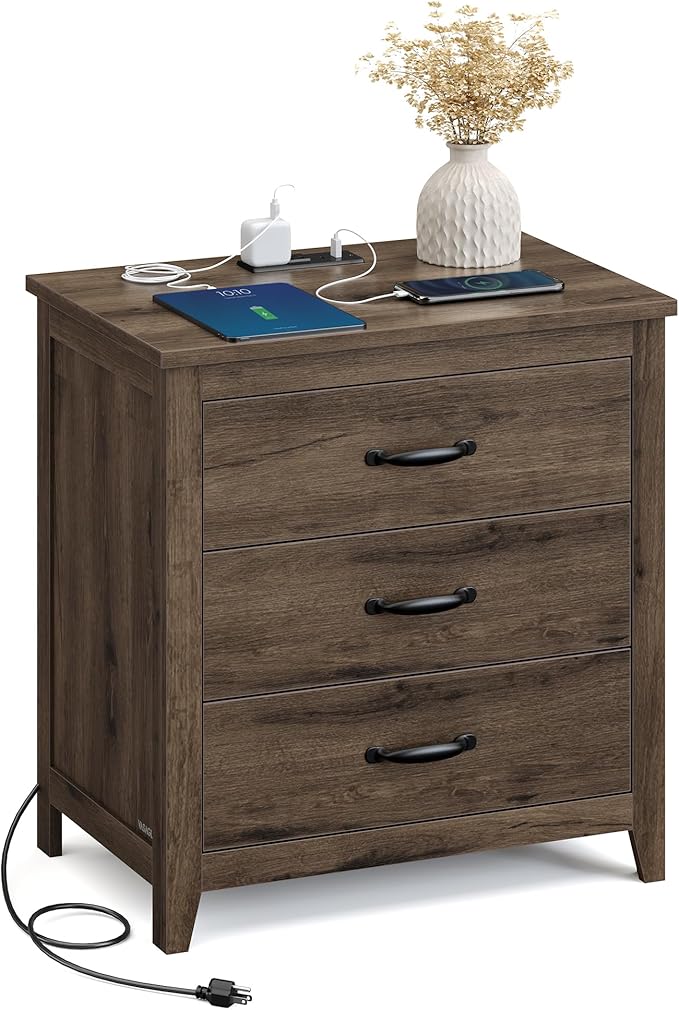 VASAGLE LIRY Collection - Farmhouse Nightstand with Charging Station, Bedside Table, Side End Table with 3 Drawers, for Bedroom, Taupe Brown ULET679T01