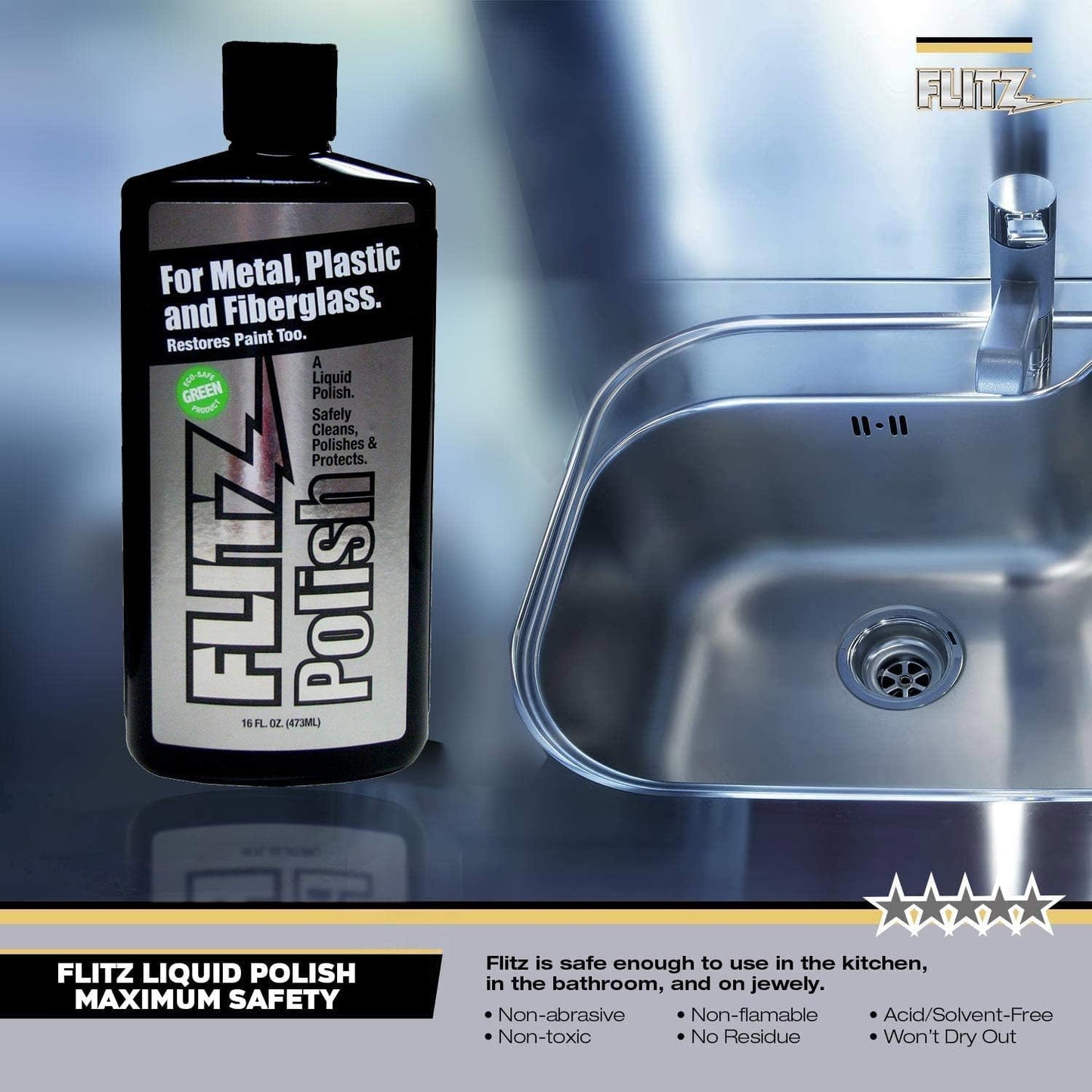 Flitz Multi Purpose Metal Polish Liquid - 3.4oz Bottle of USA-Made Tarnish Remover - For Aluminum, Chrome, Brass, Nickel, Silver - Non-Abrasive Metal Cleaner and Polish, Restorer (3 Pack)