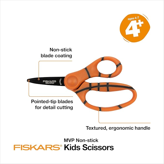 Fiskars 5" Pointed-Tip Scissors for Kids 4-7 with Non-Stick Blades - Scissors for School or Crafting - Back to School Supplies - Basketball (Pack of 3)