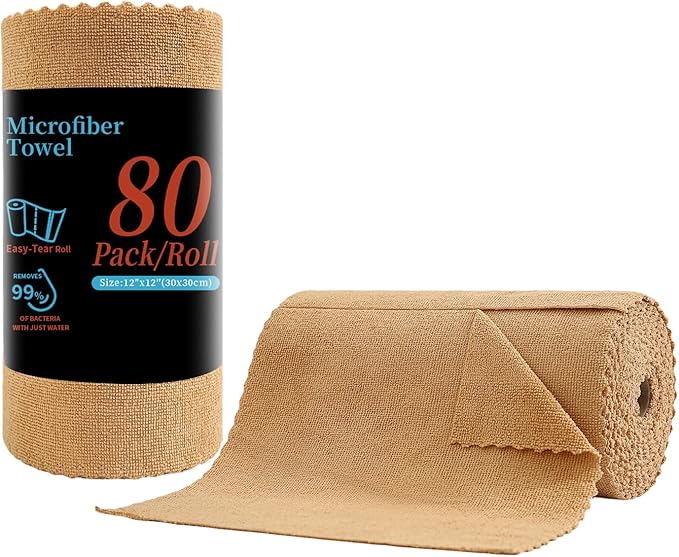80 Pack Microfiber Cleaning Cloth Roll,Lint Free Rags & Tear Away Reusable Towels Washable Scratch,Ultra Absorbent Dish Rags(12" x 12") for Car Kitchen Home Garage-Dark Coffee