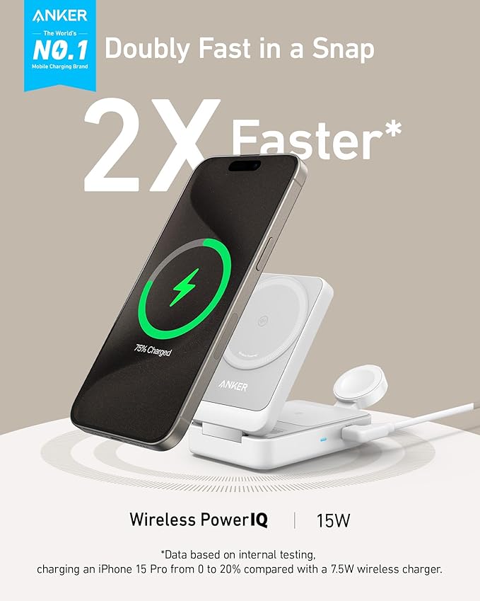 Anker MagGo 3 in 1 iPhone 17 Charging Station, MagSafe-Compatible Wireless Charger Stand, Qi2 Certified 15W Foldable Charger for iPhone 17/16/15/14/13/12, AirPods, Apple Watch Ultra(Adapter Included)