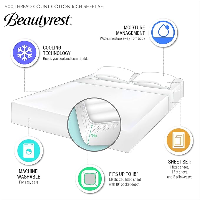 Madison Park 600 TC Cooling Cotton Blend Solid Sheet 16 Inch Deep Pocket, All Season, Soft Bedding-Set, Matching Pillow Case, King, Seafoam 4 Piece.