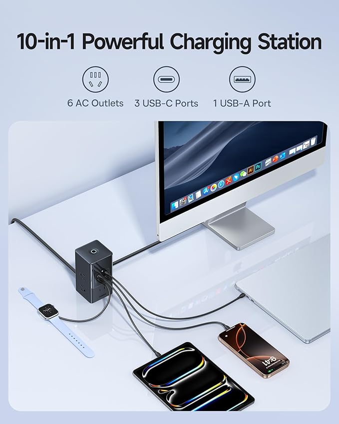 Baseus Charging Station 67W, 10-in-1 USB-C PD Fast Charging Desktop Charger with 1200J Surge Protection and Baseus USBC to USBC Cable, 100W Retractable USB C 5A Fast Charging Cable