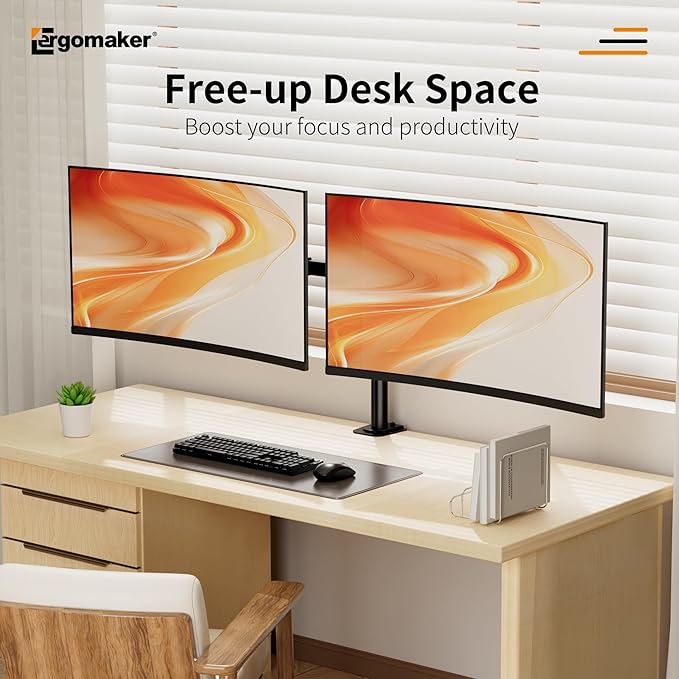 ERGOMAKER Dual Monitor Mount for Desk, Monitor Stand Holds 2 Computer Screens Fits 13" to 27", Heavy Duty Fully Adjustable Monitor Arm with C-Clamp and Grommet Base, VESA 75x75 100x100mm, Black