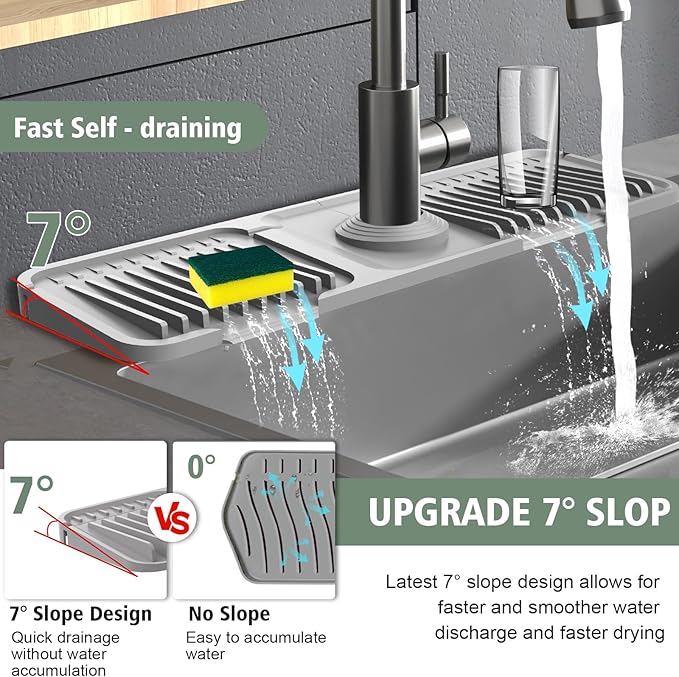 17.7-Inch Kitchen Sink Splash Guard Mat | 7° Slope for Fast Self-Draining | Snap-Lock Design | Universal & Cuttable Silicone Faucet Mat Gray