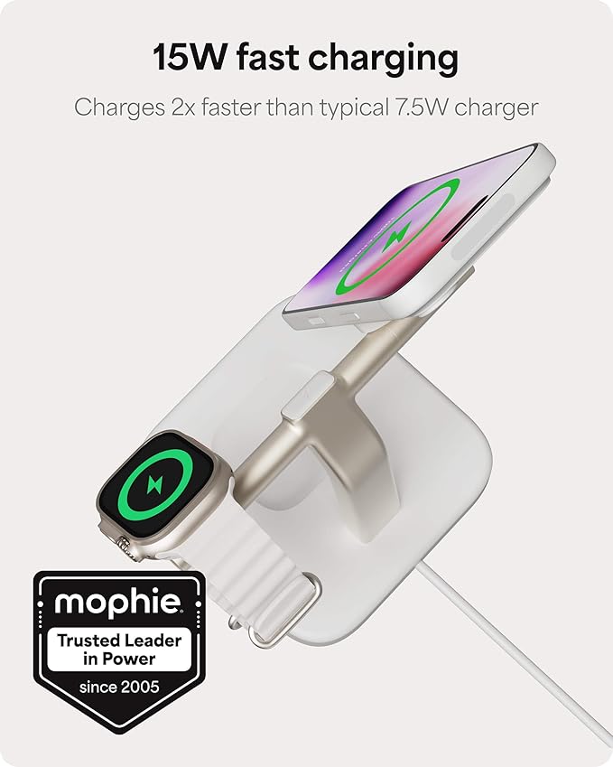 Mophie Wireless Charging Stand - Qi2-Certified, MagSafe Charger for iPhone – Magnetic Fast Wireless Charger with Adjustable Phone Stand & Cable Management – Up to 15W Power