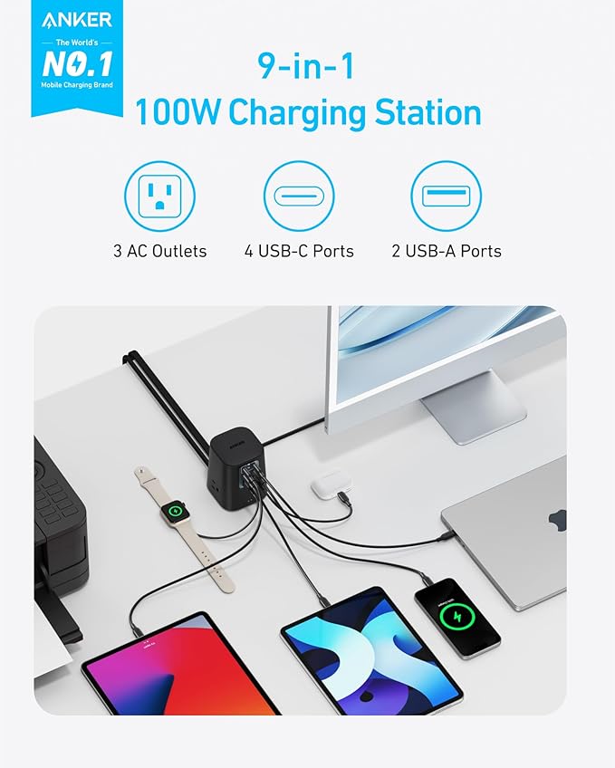Anker Desktop Charger, 9-in-1 Power Strip with 300J Surge Protector, 5ft Flat Plug Extension Cord with Multiple Devices, 100W USB C Charger with 3 AC, 2 USB A, 4 USB C, Home Office, Desk Accessories
