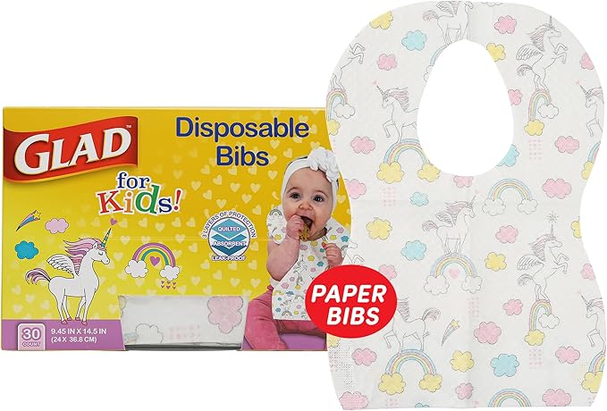 Glad for Kids Unicorn Disposable Paper Bibs with Crumb Catcher, Absorbent Leakproof Bibs for Toddlers and Babies, Mess Free Feeding, Crafts, Parties, and Travel Use, 30 Count