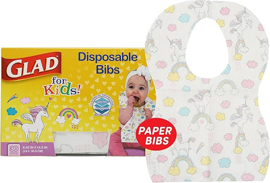 Glad for Kids Unicorn Disposable Paper Bibs with Crumb Catcher, Absorbent Leakproof Bibs for Toddlers and Babies, Mess Free Feeding, Crafts, Parties, and Travel Use, 30 Count
