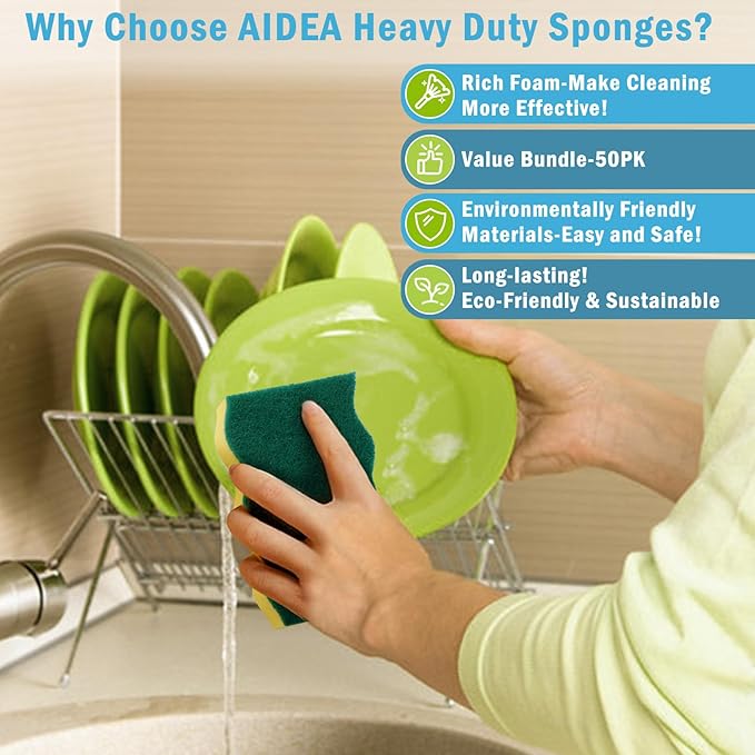 AIDEA Sponges Kitchen, 50 Pack Heavy Duty Dish Sponge, Cleaning Dish Scrubber Sponge for Home and Kitchen, Stink-Free Cleaning Supplies for Pots, Pans