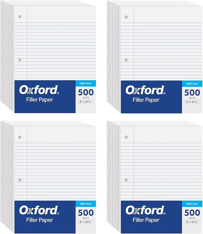 Oxford Loose Leaf Paper, Filler Paper, Notebook Paper, 8" x 10-1/2", Wide Rule, 3-Hole Punched, 2,000 Sheets for 3 Ring Binders, 4 Packs of 500, White (62379)