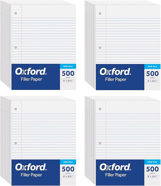 Oxford Loose Leaf Paper, Filler Paper, Notebook Paper, 8" x 10-1/2", Wide Rule, 3-Hole Punched, 2,000 Sheets for 3 Ring Binders, 4 Packs of 500, White (62379)