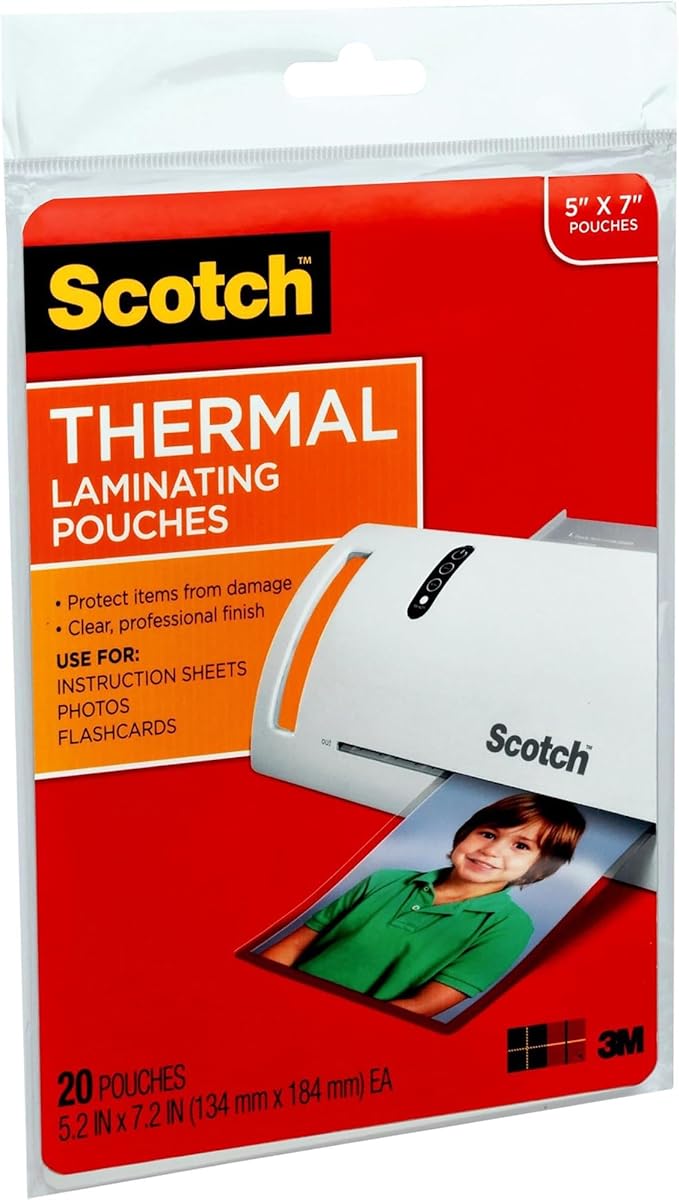 Scotch Thermal Laminating Pouches, Laminate Homemade Ornaments, Christmas Banners and Gift Tags, 5 Mil, 20-Pack Photo Size Laminating Sheets 5 x 7 Inches, Clear