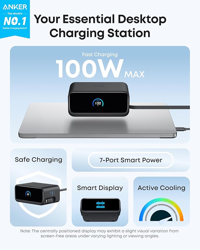 Anker Nano Charging Station, 100W 7-in-1 Power Strip, 2.3ft InstaCord Retractable Cable, Gaming Desk Accessories for Multiple Devices, 3 AC, 3 USB C, 1 USB A, MacBook Charger, Home Office(Non-Battery)