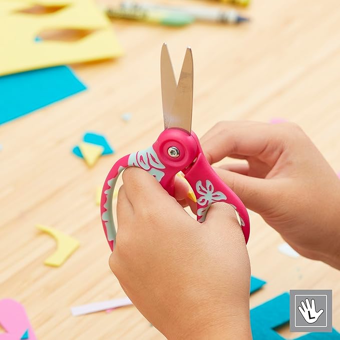 Fiskars 5" SoftGrip Left-Handed Kids Scissors, Pointed Tip, Pink/Light Blue Floral, Safety Edge for Precision Cutting