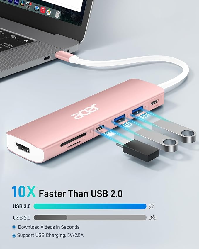 Acer USB C Hub, 7 in 1 USB-C to HDMI Multi-Port Adapter, 2 USBA 3.1 GEN1 and 5Gbps Type-C Data Port, 4K HDMI Port, PD 100W Charging, SD Card Reader for iPad Pro MacBook Pro Laptops and More(Pink)