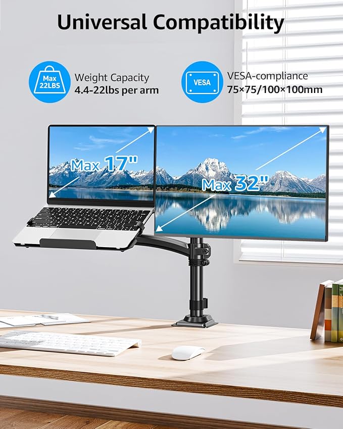 MOUNTUP Laptop and Monitor Desk Mount, Laptop Tray for Max 17" Notebook, Monitors Arm Fits up to 32" Monitor, Laptops Arm Holds 4.4-22lbs, 2-in-1 Tall Laptops Mount with Clamp/Grommet