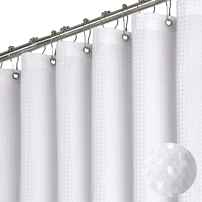 Dynamene Extra Long Fabric Shower Curtain - Waffle Weave 84 Inches Long Heavy Duty Cloth Shower Curtains for Bathroom, 256GSM Tall Hotel Luxury Bath Curtain Set with 12 Plastic Hooks(72Wx84H, White