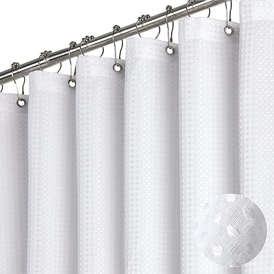 Dynamene Extra Wide Shower Curtain - 180 Inch Wide Waffle Weave Weighted Thick Cloth Bathroom Shower Curtain, Neutral Heavy Duty Hotel Shower Curtain Set with 32 Plastic Hooks,180x72, White