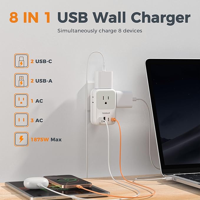 USB C Charger Block 20W, TESSAN PD Fast Charging Adapter with Foldable Plug, 1875W Power Outlet Extender(4 AC and 4 USB) for Cruise, Home, Office, Dorm
