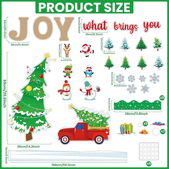 Christmas Winter Bulletin Board Set What Brings You Joy Bulletin Board Classroom Decorations Xmas Tree Snowflake Reindeer Paper Cutouts for Xmas Holiday Classroom School Blackboard Wall Door Decor