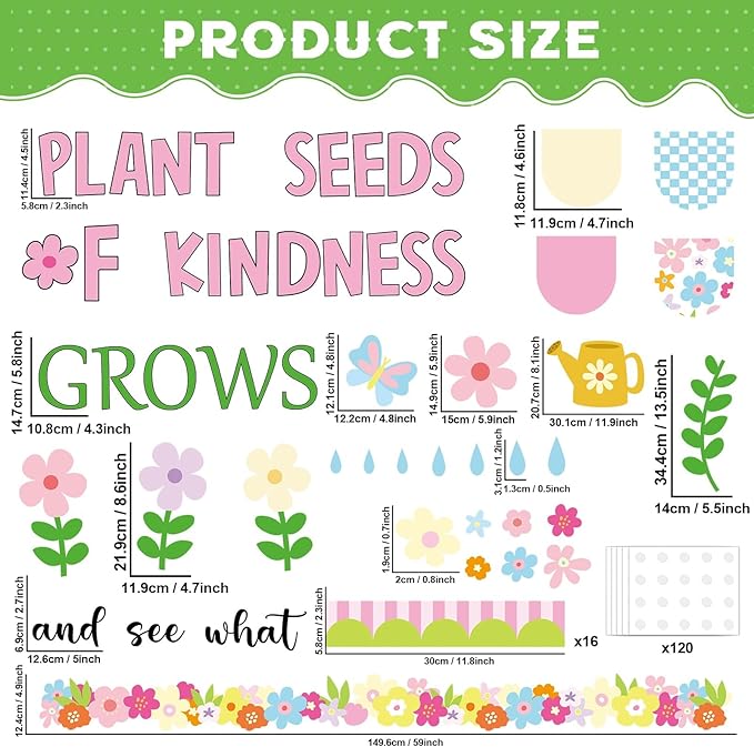 Spring Floral Bulletin Board Set Plant Kindness Colorful Flower Paper Cutouts Motivational Plants Classroom Decoration for Summer Wall Door Decor Kindergarten Back to School Supply