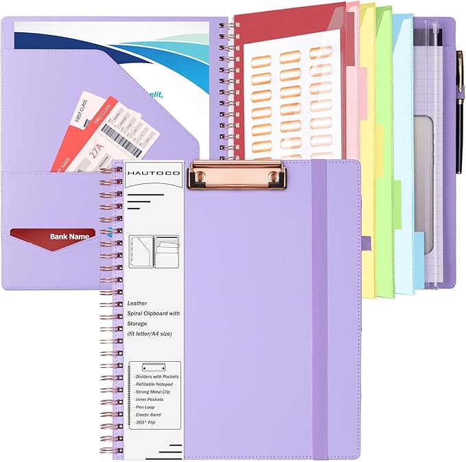 HAUTOCO Spiral Leather Clipboard Folio with Notepad (8.5 x 11''), 5 Folders with 10 Pockets, Storage Zipper Pouch, Pen Loop, 39 Stickers, Padfolio Organizer for Work School, Lavender