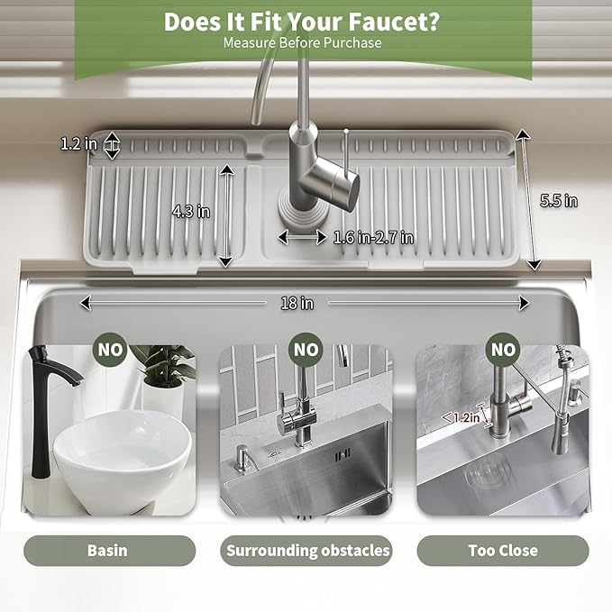 Faucet Mat for Kitchen Sink, 2025 New Silicone Sink Splash Guard, 7°Slope Fast Self-draining, Fast Drying Tidy Faucet Mat Splash Guard