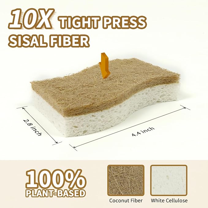 12 Pack Natural Kitchen Sponges, Biodegradable & Compostable | Non-Scratch Cellulose Coconut Fiber Sponges for Dishes, Pots & Pans | Eco-Friendly Cleaning Sponge