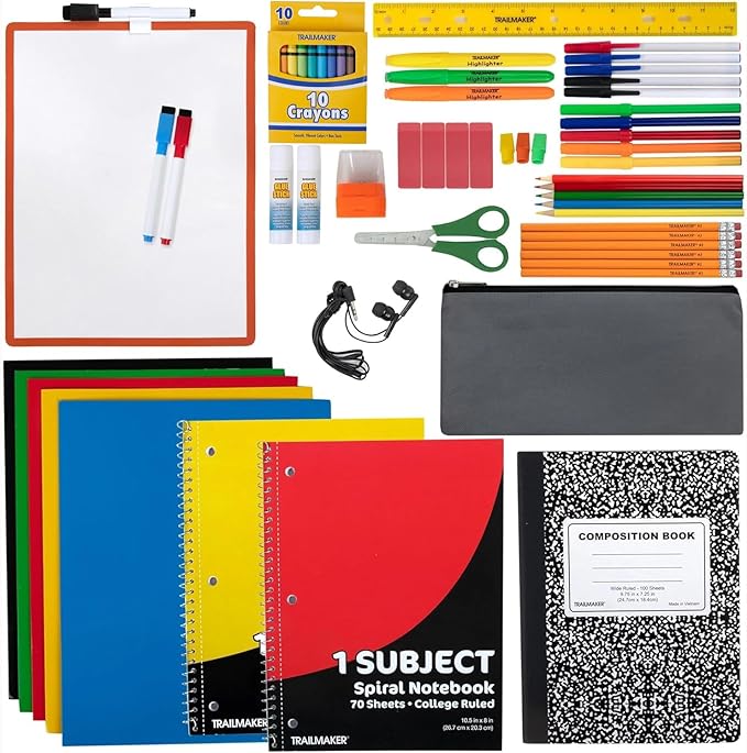 Trail maker Bulk Back to School Supplies 60 Piece Bundle Kits for Girls, Boys, Kids | Back to School Supply Box Set Includes Notebooks, Folders, Headphones, Ruler, Folders, More (12 Kits)
