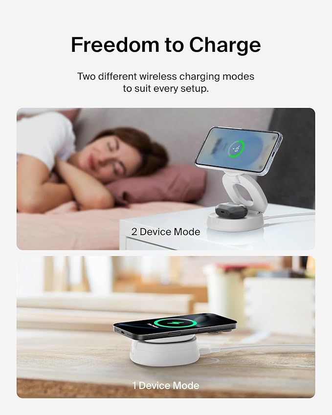 Belkin MagSafe Charger Compatible, 2-in-1 Qi2 Wireless Charging Station 15W, Convertible Charger for iPhone 17, Apple Watch, AirPods, Pixel 10, Portable Phone Stand for Travel w/ 30W Adapter - White