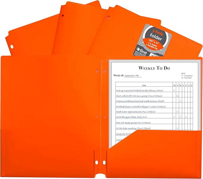 C-Line Two-Pocket Heavyweight Poly Portfolio Folder with Three-Hole Punch, Box of 25, Orange (33932-25)