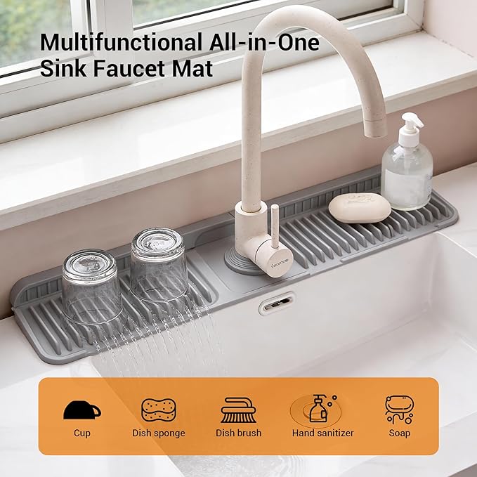 Faucet Mat for Kitchen Sink, 24"X5.5" Silicone Sink Splash Guard with Soap Holder, Snap-On Design & 7°slope Fast Drain, Folding Sink Faucet Mat for Universal Kitchen Bathroom Sink（Grey）